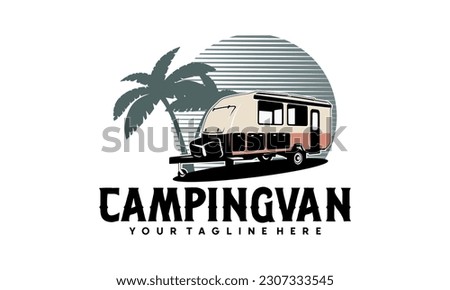 RV camper van classic style logo vector illustration, Perfect for RV with Palm tree, Summer theme