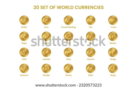 set of coins world currency, Currency signs of different countries. Set of golden coins. World currency coins. Vector illustration