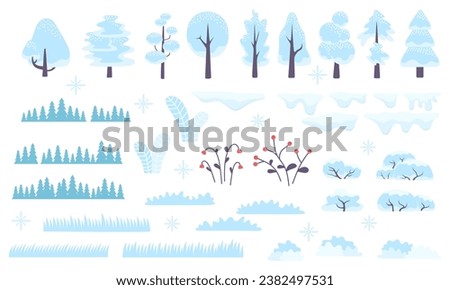  Winter forest scenery, snowy trees and bushes. Beautiful wild nature in snow, december freezing weather. Flat vector illustration