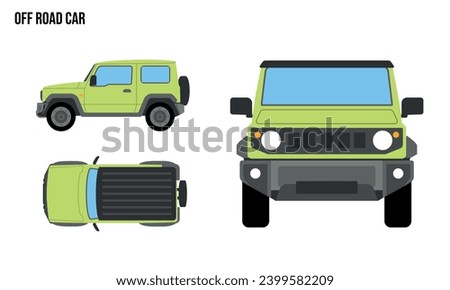 Off Road Car Flat design illustration, Public Vehicles , top view, side view, front view, isolated by white background
