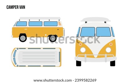 Camper Van Flat design illustration, Public Vehicles , top view, side view, front view, isolated by white background