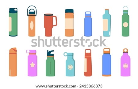 Tumblers with cover, travel thermo mugs, reusable cups for hot drinks. Different designs of thermos for take away coffee. Set of isolated vector illustrations in flat style on white background
