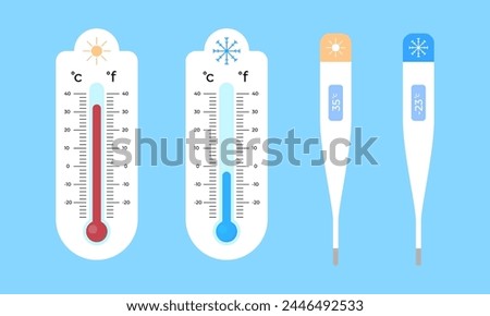 Vector Celsius and Fahrenheit meteorology thermometers for measuring heat and cold winter temperature. Thermometer icon in flat style. Temperature scale for measurement forecast weather or medicine.