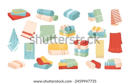 Towels for bathroom vector illustration set. Cartoon textile collection with rolled fabric hand, facial and bath cloth towels, hanging on hanger rail, lying in stack roll or pile isolated on white