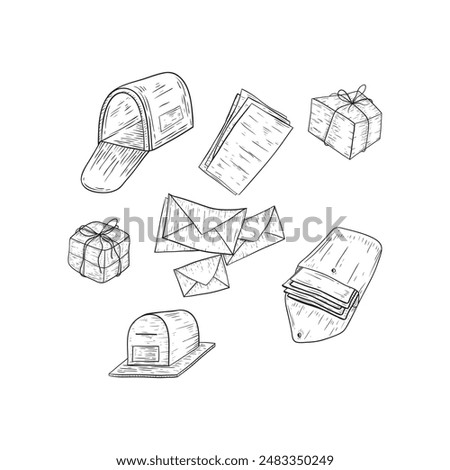 Vintage American mailbox, parcels, letters, postal service in sketch style. Mail delivery. Hand-drawn vector illustration.