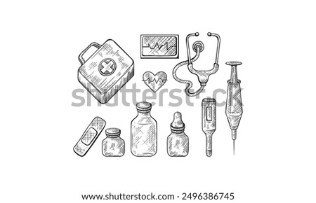 First aid kit vector sketch illustration. Medicine and healthcare hand drawn icons and design elements.