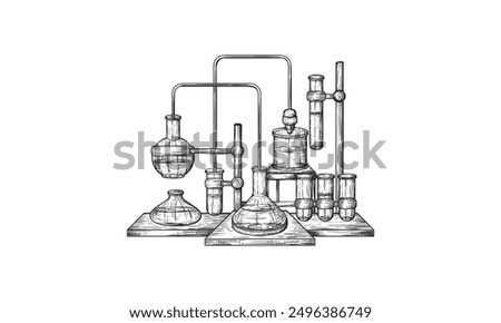 Chemical Laboratory still life sketch style vector illustration. Old hand drawn engraving imitation.