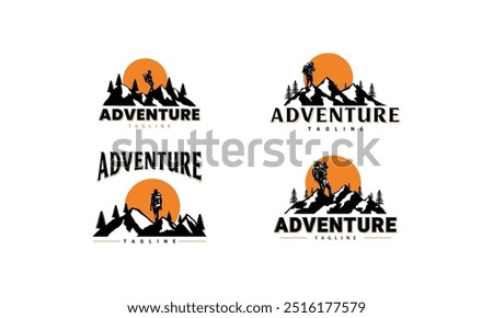 A set of four logo designs featuring a silhouette of a backpacker standing on a mountain peak against a sunrise or sunset, with the word 