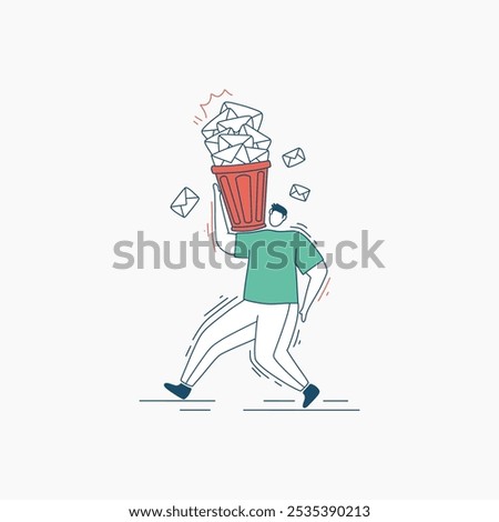 A cartoon illustration of a person running away from a trashcan full of emails.