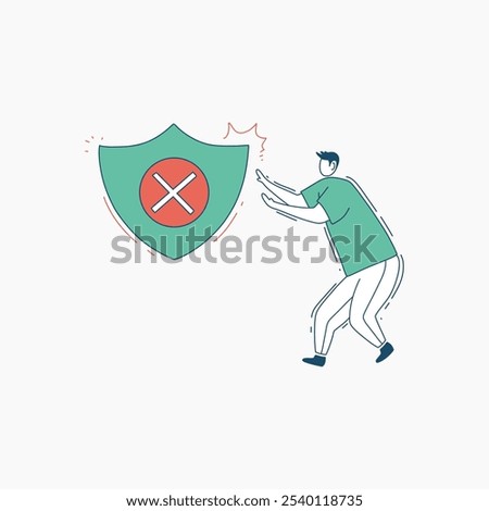 A simple illustration of a person pushing away a shield with a red X mark, symbolizing rejection or failure.