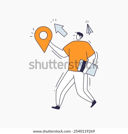 Illustration of a person walking with a location pin and a book in hand.