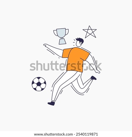 A cartoon soccer player is shown running with a soccer ball and a trophy floating above his head.