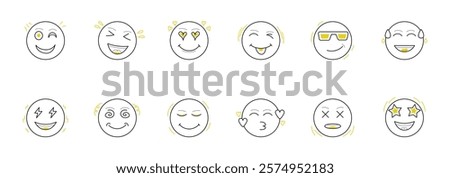 Set of different circular emoticons each displaying a unique expression or mood.