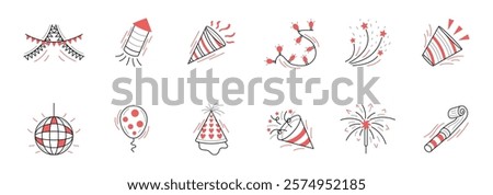 A collection of twelve line art icons depicting various celebratory items commonly associated with parties and festive occasions.