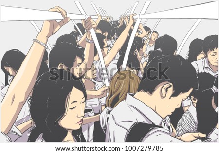 Stylized illustration of packed subway in rush hour