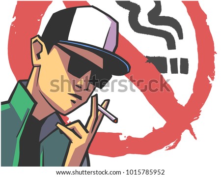 Illustration of young guy wearing baseball cap and glasses smoking in front of NO SMOKING sign