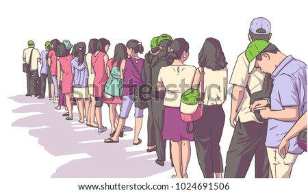 Illustration of crowd of people standing in line in perspective and color