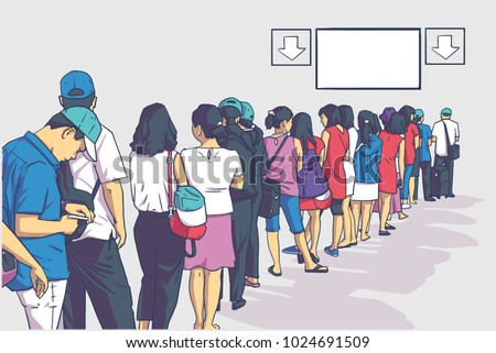 Illustration of crowd of people standing in line in perspective with blank signs in color