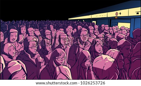 Illustration of crowded metro, subway station. People boarding cart in rush hour.