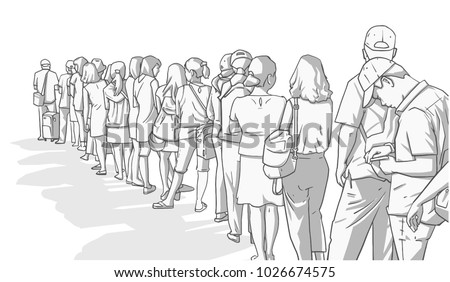 Illustration of crowd of people standing in line in perspective in black and white