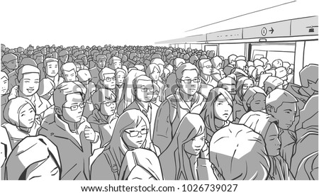 Illustration of crowded metro, subway station. People boarding cart in rush hour.