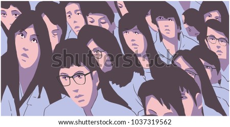 Stylized illustration of large group of asian students protesting in color