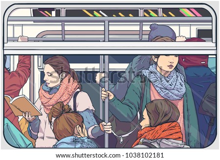 Illustration of crowded metro subway passenger car