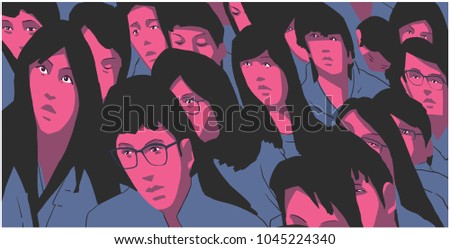 Stylized illustration of large group of asian students protesting in color