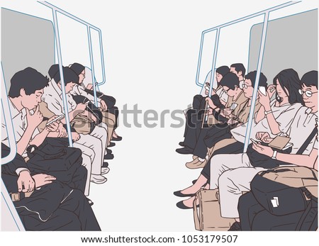  Illustration of people using public transport, train, subway, metro