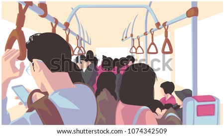 Illustration of people using public transport, bus, train, metro, subway