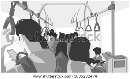 Illustration of people using public transport, bus, train, metro, subway