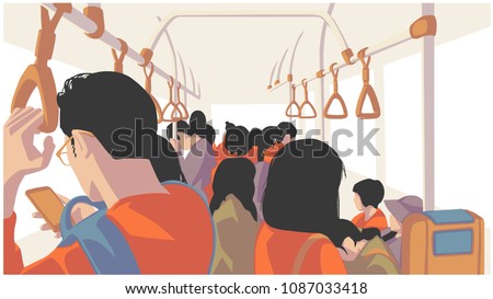 Illustration of people using public transport, bus, train, metro, subway