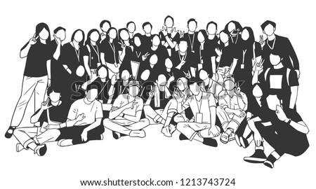 Illustration of young people, friends, classmates, students, colleagues, family posing for group photo	
