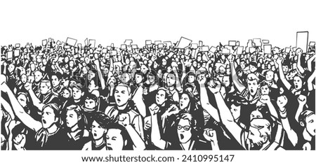 Digital hand drawn illustration of demonstrating crowd in black and white