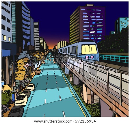 Street view illustration of urban residential area with overground metro line in color