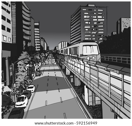 Street view illustration of urban residential area with overground metro line in grey scale
