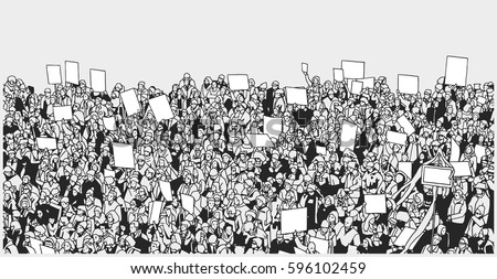 Line art illustration of massive crowd protest with blank signs