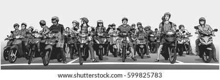 Illustration with detail of busy asian street with motorbikes and mopeds at stop sign in grey scale