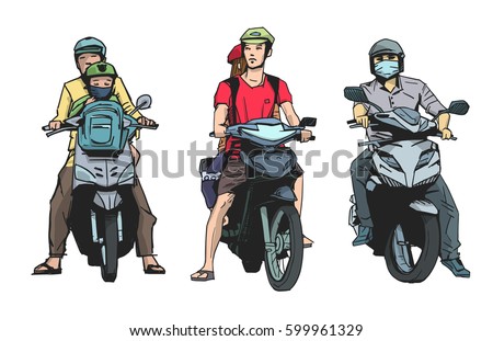 Isolated illustration of people riding mopeds and motorbikes in color