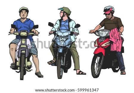 Isolated illustration of people riding mopeds and motorbikes in color