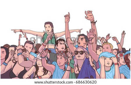 Illustration of mixed ethnic festival crowd partying in the rain in color