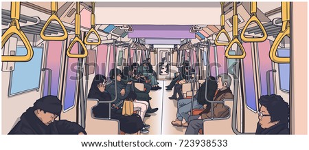 Illustration of people using public transport; train, subway, metro in color