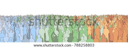 Illustration of large mass of people from wide angle in color