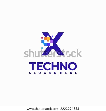 X Pixel Letter Logo Design Template, Pixel Technology logo symbol concept