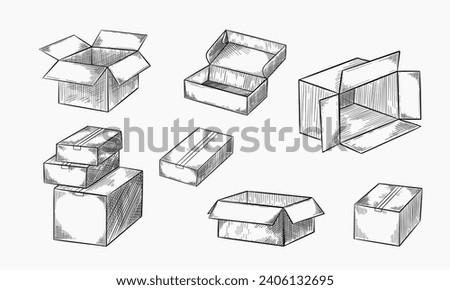 Cardboard boxes set. Closed and open empty postal packages collection. Vector hand drawn sketch illustration. Pile of carton mailboxes, isolated on white background