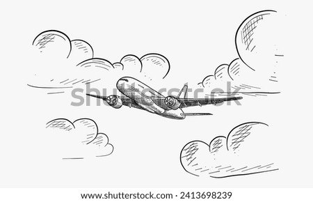 Plane flies in sky clouds, vector sketch illustration. Air travel, tourism flight, plane tickets booking hand drawn isolated design elements