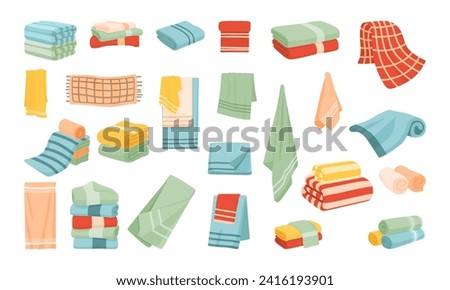 Towels for bathroom vector illustration set. Cartoon textile collection with rolled fabric hand, facial and bath cloth towels, hanging on hanger rail, lying in stack roll or pile isolated on white