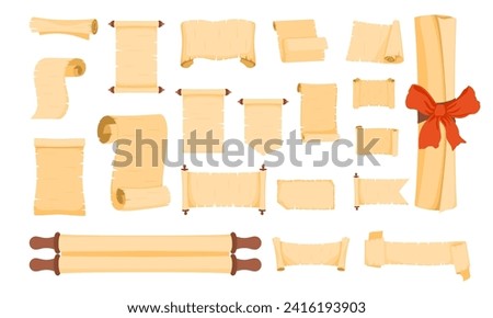 Parchment scrolls set vector illustration. Cartoon isolated old papyrus rolls collection with ancient paper sheet for treasure map, vintage document, letter with torn texture and rolled diploma