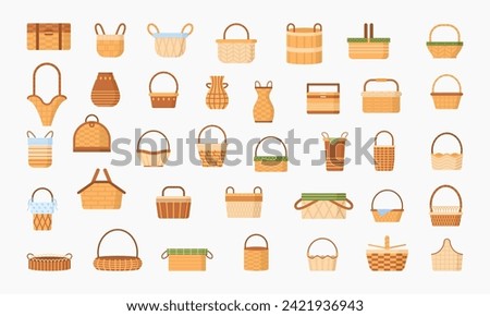 Basket set vector illustration. Cartoon isolated wooden, bamboo and straw empty basket collection with hampers of different shape, boxes for laundry storage and picnic, bags with handles for market