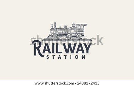 Locomotive logo illustration, vintage Railway Station hand drawn style emblem